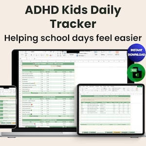 Può includere: Un tracker giornaliero digitale per bambini con ADHD visualizzato su laptop, tablet e smartphone. Il testo "ADHD Kids Daily Tracker" e "Helping school days feel easier" sono in alto. Include icone "Instant Download" e "XLS".