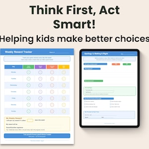 Puede incluir: Imagen digital con el texto "Think First, Act Smart! Helping kids make better choices." Muestra un rastreador de recompensas semanal y un formulario de disculpa en una tableta. El rastreador de recompensas tiene un encabezado azul y círculos coloridos.