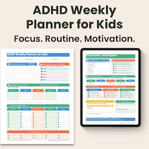 以下が含まれることがあります： 「Focus. Routine. Motivation.」のテキストが入った、子供向けのADHDウィークリープランナー。プランナーには、毎日のルーチン、プロジェクト計画、課題追跡のセクションが含まれています。タブレットには、毎日のルーチンとリセットシステムが表示されます。