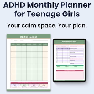 Puede incluir: Un planificador mensual para adolescentes con TDAH, con un calendario impreso y una tableta digital que muestra una instantánea diaria. El planificador incluye un calendario mensual y un rastreador de ciclos.