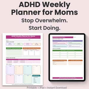 Puede incluir: Un planificador semanal digital para madres con TDAH, con una versión imprimible y una versión para iPad. El planificador incluye secciones para la sincronización del ciclo, el ritmo diario y las tareas semanales. El texto de la imagen dice "ADHD Weekly Planner for Moms. Stop Overwhelm. Start Doing."
