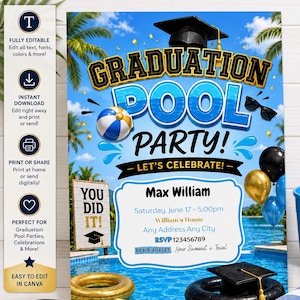 May include: A blue and gold graduation pool party invitation template. The design features the words "Graduation Pool Party!" with a beach ball, sunglasses, and a graduation cap. Includes event details and RSVP information.