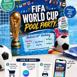 May include: A digital invitation for a FIFA World Cup pool party, featuring a golden trophy, soccer balls, and a flamingo float. The invitation includes editable text, colors, and fonts, and is perfect for a birthday party.