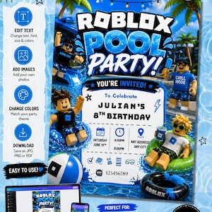 Pode incluir: Um convite para uma festa na piscina Roblox com um tema azul e branco. O design apresenta personagens Roblox, elementos de piscina e detalhes da festa. O convite é personalizável e disponível para download instantâneo.