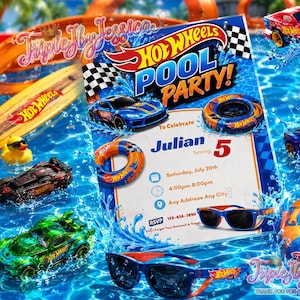 May include: A vibrant pool party invitation featuring Hot Wheels cars, sunglasses, and inflatable rings in a pool setting. The invitation is for Julian's 5th birthday, with the date and time displayed. A beach ball and a rubber ducky are also present.