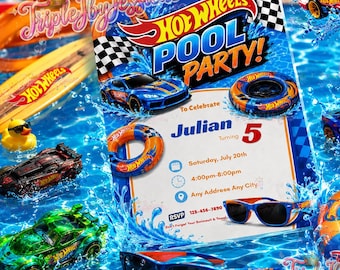 Uitnodiging voor Hot Wheels zwembadfeest, verjaardagsuitnodiging raceauto, bewerkbare canvas (digitale download)