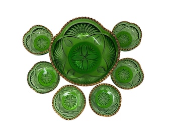 Antique Heisey Pineapple & Fan Emerald Green Heart Bowl Set Gold Trim 7pc EAPG