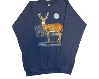 Screen Stars Vintage 1990 Deer Graphic Sweatshirt XL Navy Blue Made in USA Buck