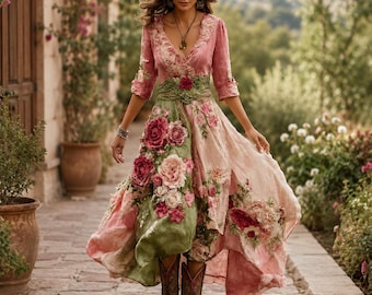 Abito lungo boho floreale vintage stile prateria per donna
