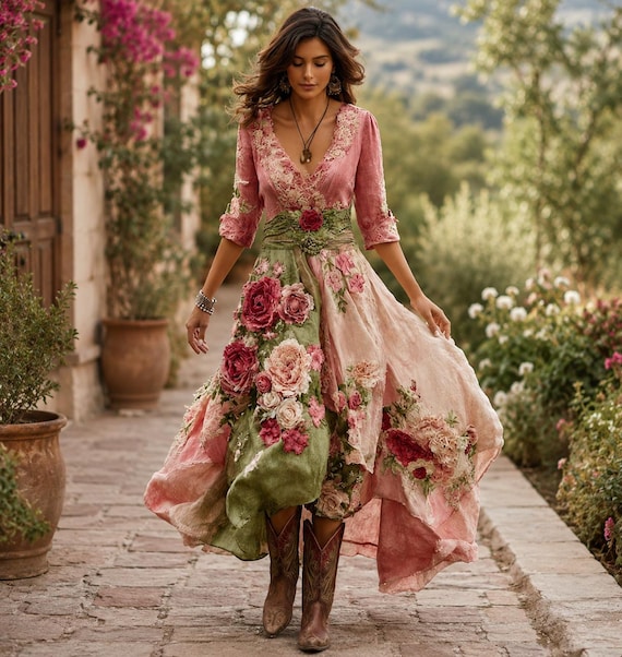 Boho Floral Maxi Vintage Prairie Dress for Women