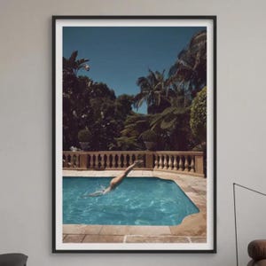 May include: Framed art print featuring a person diving into a turquoise pool. The pool is surrounded by a stone patio and a decorative balustrade. Lush green foliage and palm trees fill the background under a clear blue sky.