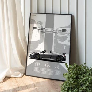 May include: A framed poster featuring a silver Porsche 918 Spyder in profile. The design includes the text PORSCHE 918 SPYDER, performance statistics of 887 horsepower, 345 km/h top speed, and 2.6 seconds acceleration, plus a descriptive paragraph.