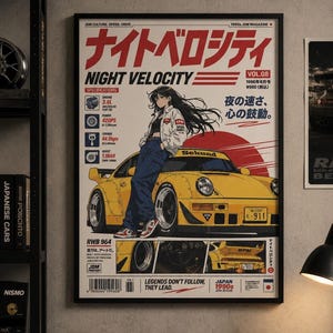 May include: A framed poster featuring a yellow sports car with a woman leaning against it. The poster has Japanese text and the words "NIGHT VELOCITY" in English. The poster also includes technical specifications and the text "LEGENDS DON'T FOLLOW, THEY LEAD."
