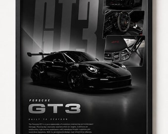 Porsche 911 GT3 Poster, Black Supercar Wall Art, Luxury Sports Car Print, Modern Garage Decor, Automotive Gift for Car Enthusiasts