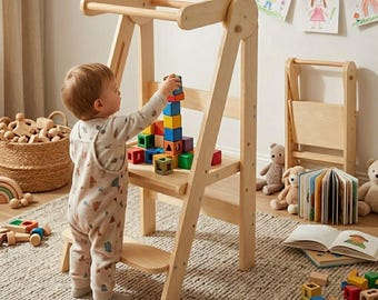 Foldable Montessori Learning Tower, Multi-functional Kitchen Helper for Toddlers, Converting Kids Desk and Chair Set