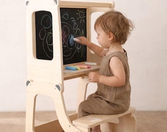 Convertible Learning Tower for Toddlers, 3-in-1 Montessori Helper Stool, Foldable Kitchen Stand for Kids, Activity Desk and Chair Set
