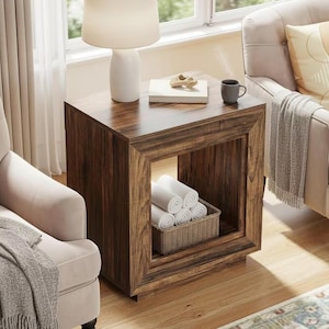 Rustic Wood End Table with Storage, Industrial Square Sofa Side Table 2 Tier, Nightstand, Living Room Accent Table