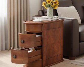 Round Solid Wood End Table with Drawer, Narrow Bedside Table, Small Space Nightstand, Sofa Side Table, Minimalist Bedroom Furniture