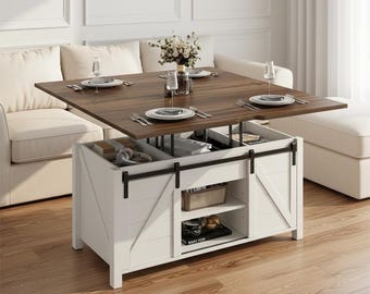 Farmhouse Lift Top Coffee Table with Storage, Rising Top Coffee Table, Rustic Barn Door Wood Coffee Table Desk
