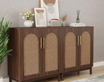Rattan Buffet Cabinet Set of 2 Sideboard Buffet Cabinet with Storage 59 Inch Credenza Cabinet Farmhouse Dining Room Storage Cabinet