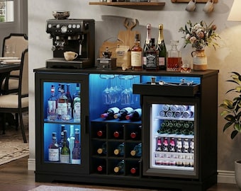 Bar Cabinet with Fridge LED Lights, Coffee Bar Cabinet with Wine Rack Glass Holder Liquor Cabinet Buffet Sideboard