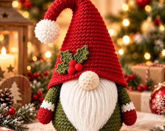 Jultomte-virkmönster PDF | Tomtetomte-amigurumi | Virkmönster för avancerade nybörjare | Juldekorationer
