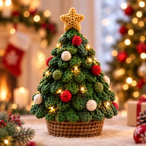 May include: A crocheted Christmas tree with a textured green body, a brown base, and a yellow star topper. The tree is decorated with small red and white crocheted spheres and illuminated by integrated warm white string lights throughout the branches.