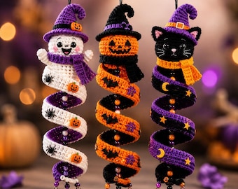 Halloween Crochet Wind Spinner Pattern PDF | Witch Hat Ghost Pumpkin Black Cat Spiral Hanger | Advanced Beginner Intermediate | 15in