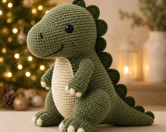 Dinosaur Crochet Pattern PDF, Cute Standing Dinosaur Amigurumi, Advanced Beginner Instant Download, 8.7 Inch Sage Green Dino
