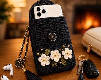Crochet Phone Bag PDF Pattern | Elegant Black Floral Phone Pouch | Intermediate Skill | Fits Phones up to 6.7in