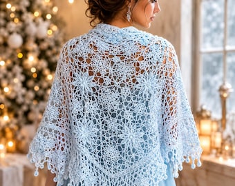 Christmas Crochet Floral Shawl PDF Pattern | Snowflake Lace Wrap Bead Trim | Advanced Beginner to Advanced | 60 In Wingspan