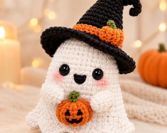 Halloween Ghost Witch Crochet Pattern PDF | Kawaii Amigurumi Ghost Pumpkin Hat | Advanced Beginner | 5-6in Finished Size