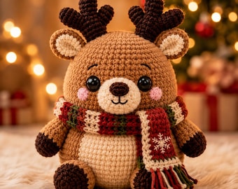 Christmas Reindeer Crochet Pattern PDF, No-Sew Amigurumi Reindeer with Scarf, Advanced Beginner, 9-10 Inch Digital Download