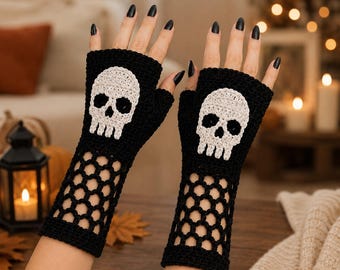 Skull Crochet Gloves Pattern PDF, Gothic Fingerless Mitts, Intermediate Wrist Warmers Crochet Pattern, Punk Goth Halloween Skull Applique