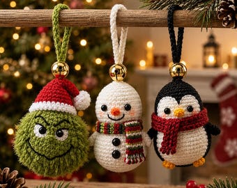 Crochet Christmas Ornaments PDF Pattern | Cozy Trio Amigurumi Keychain Set Snowman Penguin & Grumpy Green Face | Advanced Beginner 2.5-3in