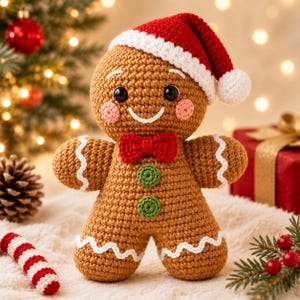 May include: A brown crocheted gingerbread person doll wearing a red and white Santa hat. The doll features black button eyes, pink cheeks, a white stitched smile, a red bow tie, and two green buttons on the torso with white wavy trim on limbs.