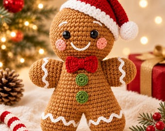 Gingerbread Man Crochet Pattern PDF | Christmas Amigurumi Santa Hat Doll | Advanced Beginner | 8-9 Inch