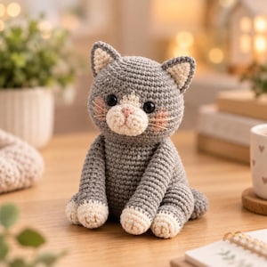 Puede incluir: Un juguete de peluche de gato tejido a ganchillo en gris y blanco con ojos de plástico negro, una nariz bordada en rosa y marcas de rubor rosa claro en las mejillas. El gato tiene patas blancas, orejas internas blancas y un hocico blanco.