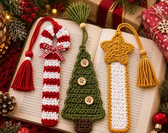 Modèle PDF de marque-pages de Noël au crochet | Trio canne de Noël, sapin et étoile | Niveau facile/intermédiaire | Crochet simple | Téléchargement numérique