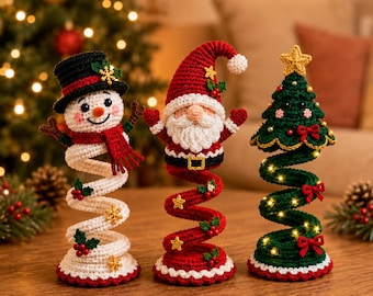 Christmas Spiral Ornament Crochet Pattern PDF | Snowman Santa Tree Amigurumi Trio | Advanced Beginner Intermediate | 5.5-6.5in Set of 3