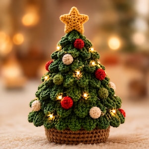 May include: A crocheted Christmas tree decoration in dark green yarn with a yellow star topper. The tree is adorned with small red and white crocheted spheres and integrated warm white fairy lights, all resting on a brown crocheted base.