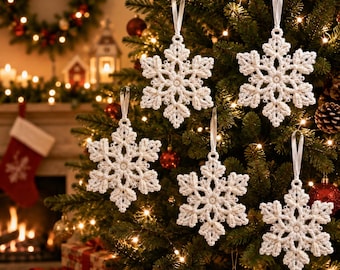 Crochet Christmas Snowflake Ornament Pattern PDF | Ivory Lace Beaded Set of 5 | Intermediate | 3.5-4 Inch