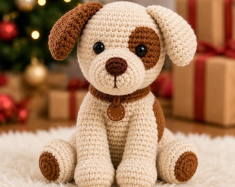 Crochet Dog Pattern PDF, Amigurumi Puppy with Floppy Ears and Eye Patch, Advanced Beginner Instant Download, 8-8.5 Inch Sitting Dog