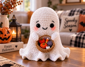 Halloween Crochet Ghost Plushie PDF Pattern | Cozy Amigurumi Ghost with Treat Basket | Advanced Beginner | 2 Sizes 3.1–4.3in