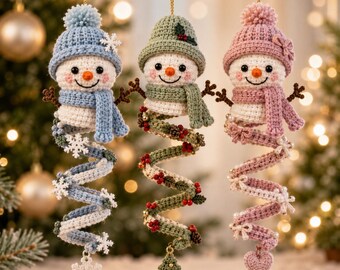 Christmas Crochet Snowman Ornament Pattern PDF | Spiral Tail Amigurumi Set of 3 | Intermediate | 7in Digital Download
