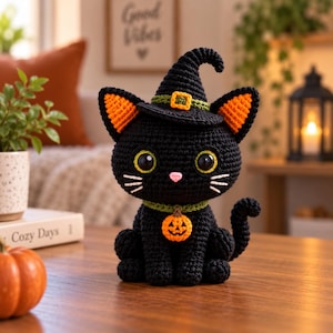 May include: A black crocheted cat figurine wearing a pointed witch hat with a green band and yellow buckle. The cat has large yellow eyes, a pink nose, white whiskers, and a green collar featuring a small orange jack-o'-lantern charm.