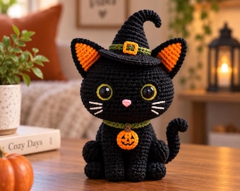 Halloween Cat Crochet Pattern PDF | Cute Black Cat Witch Amigurumi | Advanced Beginner | 6 Inch Removable Hat