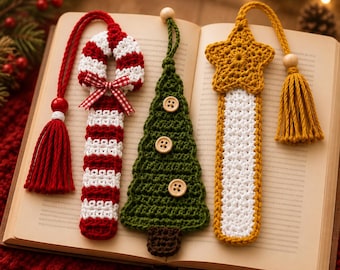 Christmas Crochet Bookmarks Pattern PDF | Candy Cane, Tree & Star Trio | Easy/Intermediate Single Crochet | Digital Download