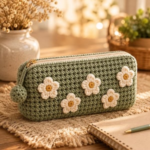 Puede incluir: Un estuche rectangular de ganchillo en color verde salvia con cinco aplicaciones de flores blancas con centros amarillos. El estuche cuenta con una cremallera dorada y un tirador de bola de ganchillo en verde salvia a juego en el lateral.