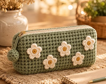 Crochet Pencil Case Pattern PDF | Daisy Flower Zipper Pouch | Advanced Beginner Digital Download | One Size 8x3x2 in
